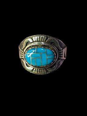 LMN Native Turquoise Inlay Sterling Silver Statement Ring Sz 11